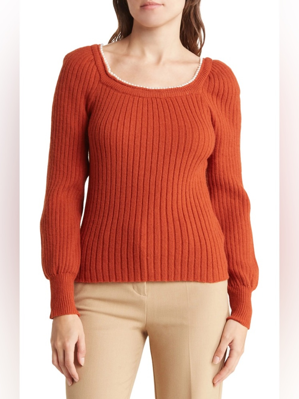 NWT Nanette Lapore Imitation Pearl Trim Ribbed Knit Sweater